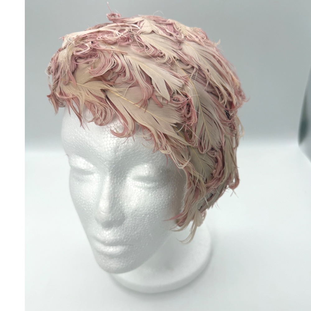 Vintage Blush Pink Champagne Fascinator Feather Flapper Cap Hat Curled Glam